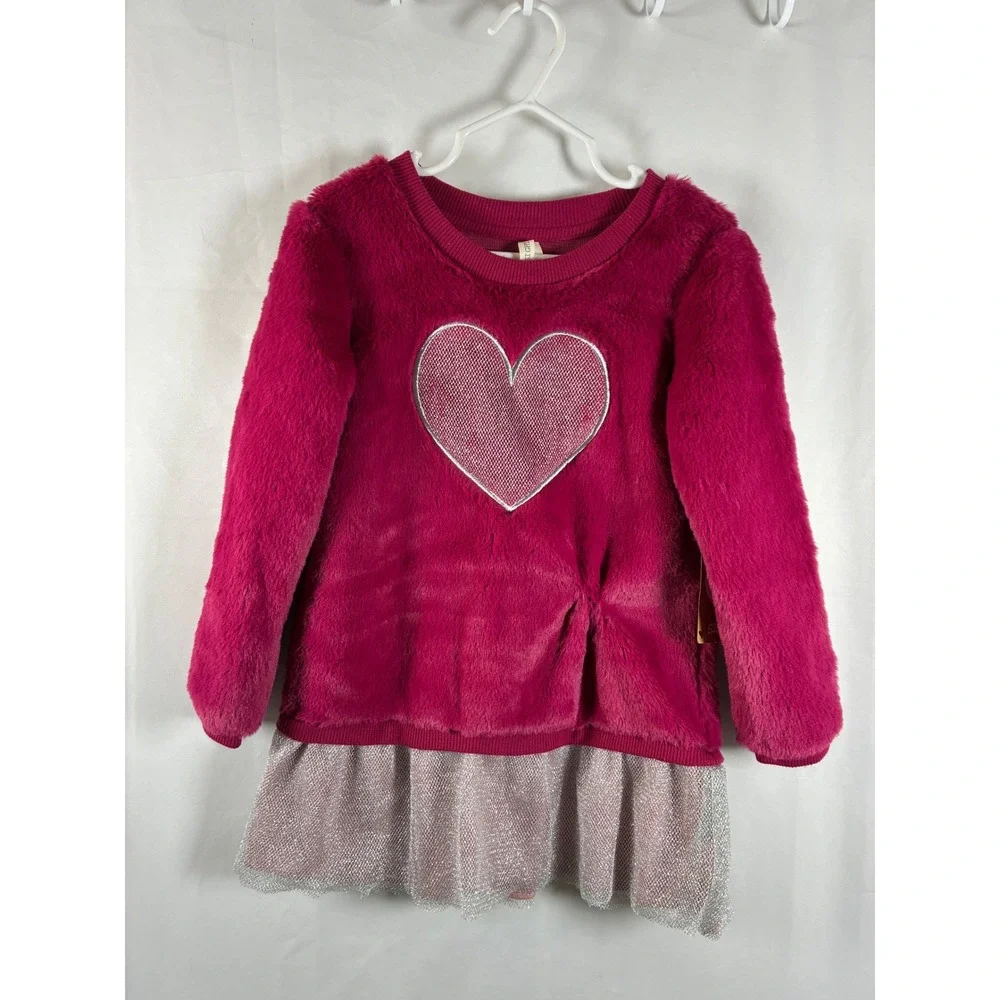 Love @ First Sight Girls 4T Magenta Faux Fur Glitter Heart Tulle Dress TF181318